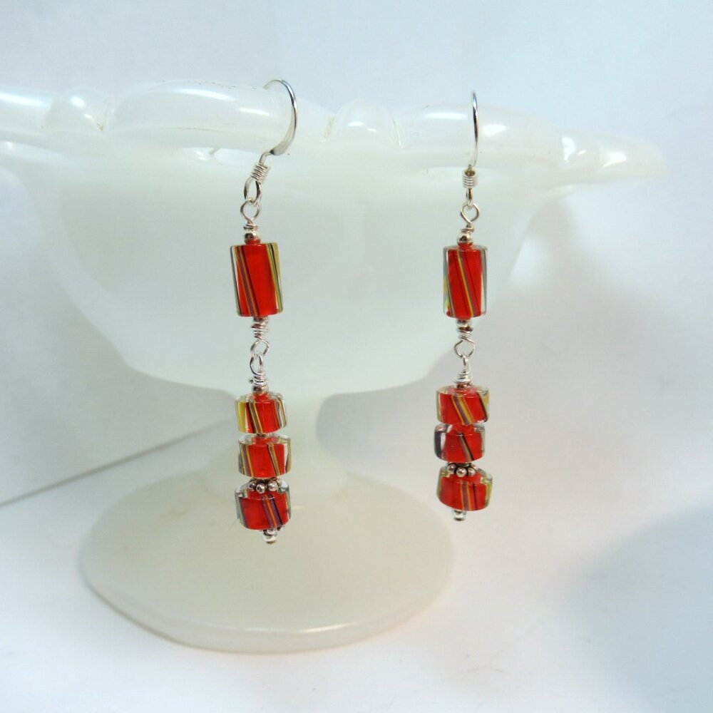 Red Cane glass dangle earrings